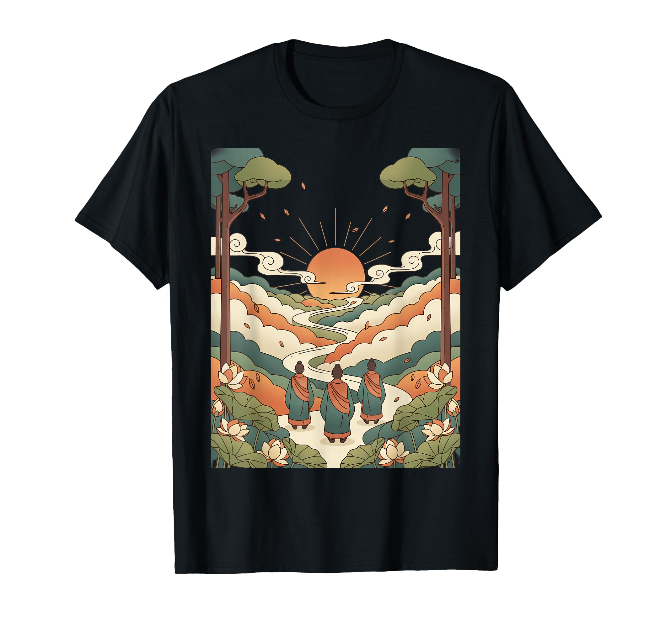 Mindful Journey Monks Walking Sunset T-Shirt - Novelty Apparel for Adults - T-Shirt, Sweatshirt, Hoodie