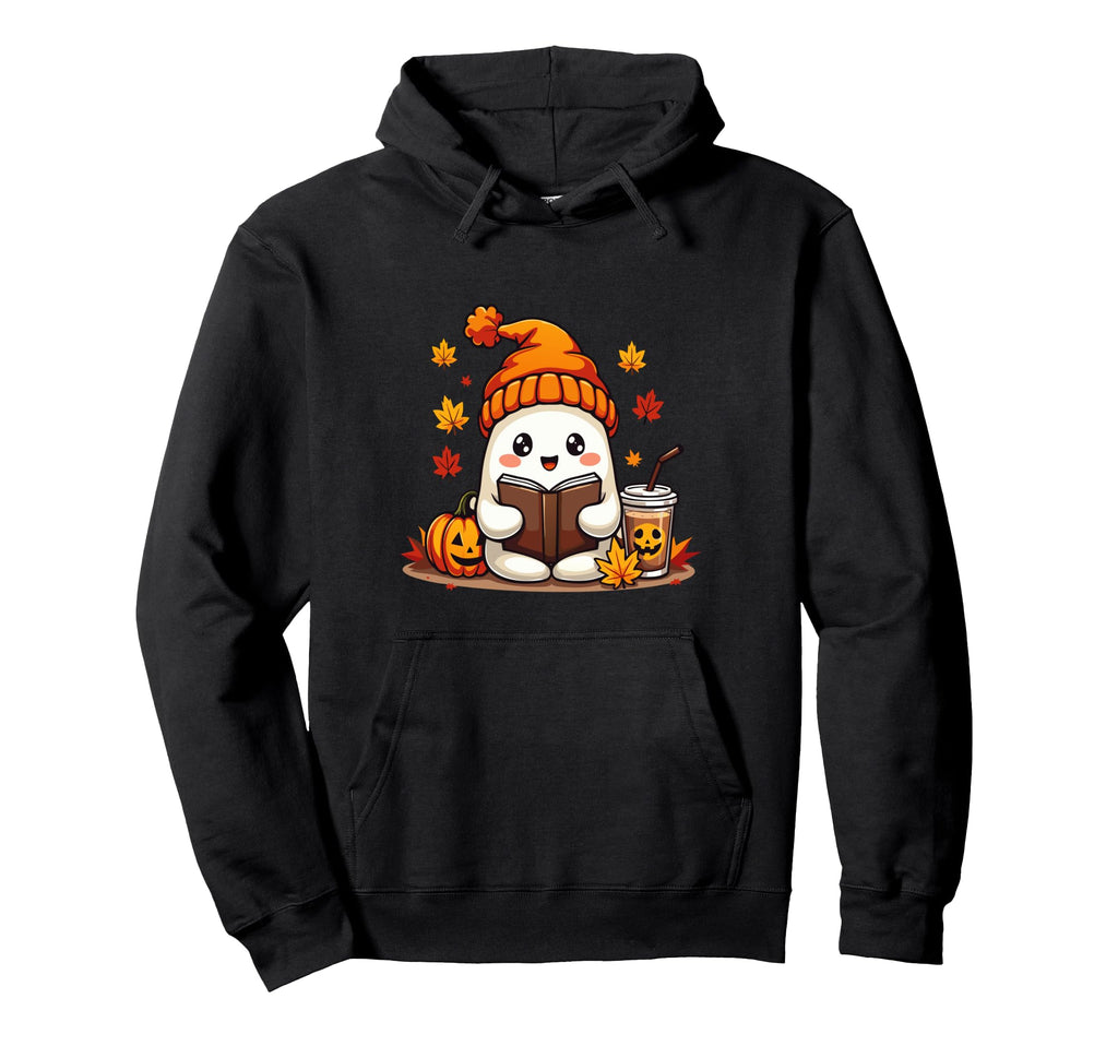 Ghost Reading Book Fall Leaves Halloween Hoodie - Minimalist Print Unisex - T-Shirt, Sweatshirt, Hoodie