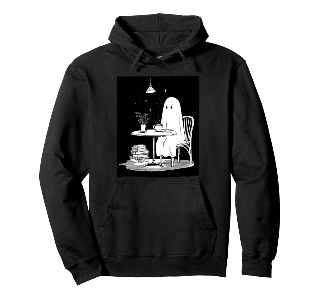 Ghost Drinking Tea And Reading Book Hoodie - Graphic Print for Adults - T-Shirt, Sweatshirt, Hoodie