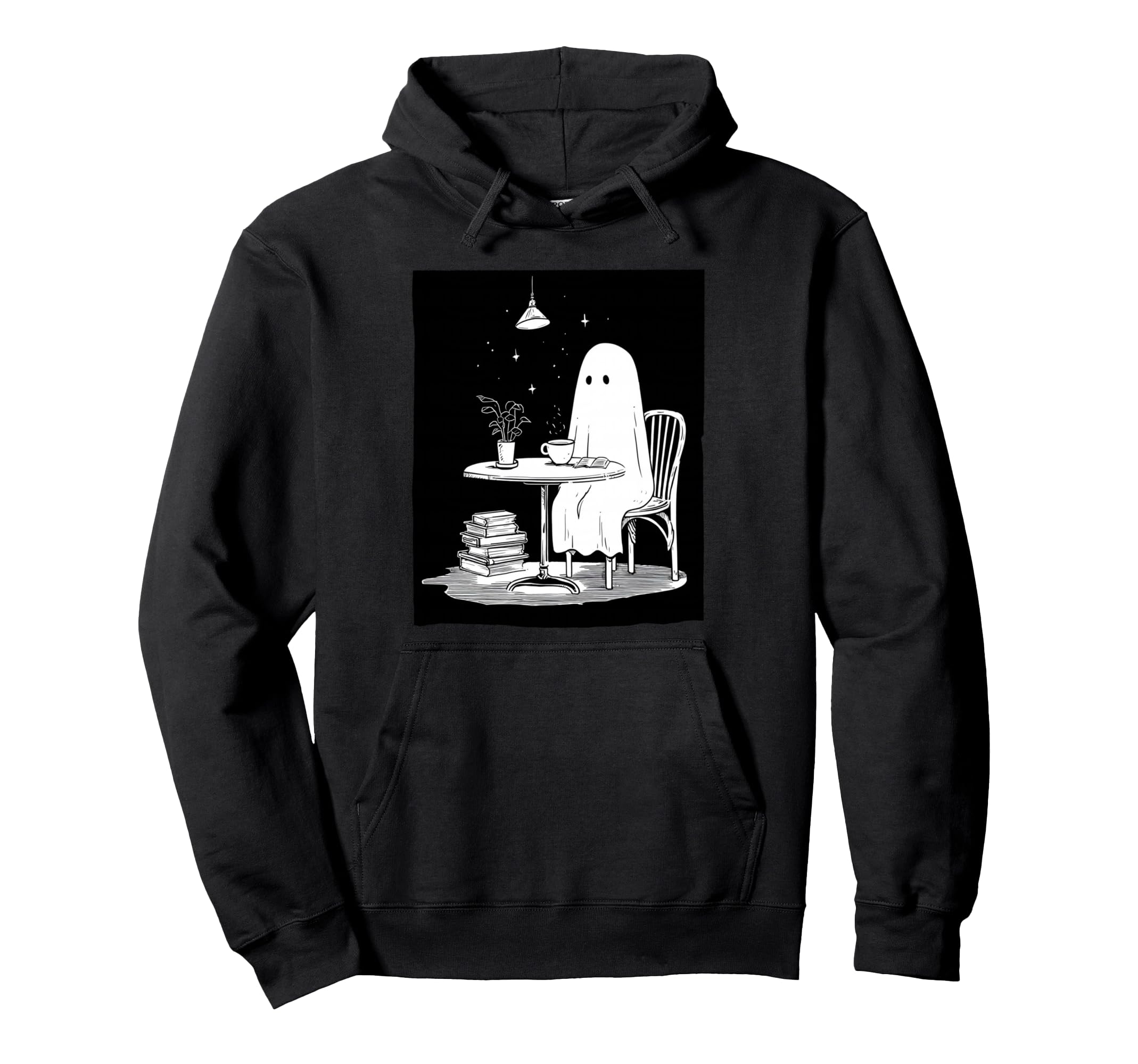 Ghost Drinking Tea And Reading Book Hoodie - Graphic Print for Adults - T-Shirt, Sweatshirt, Hoodie