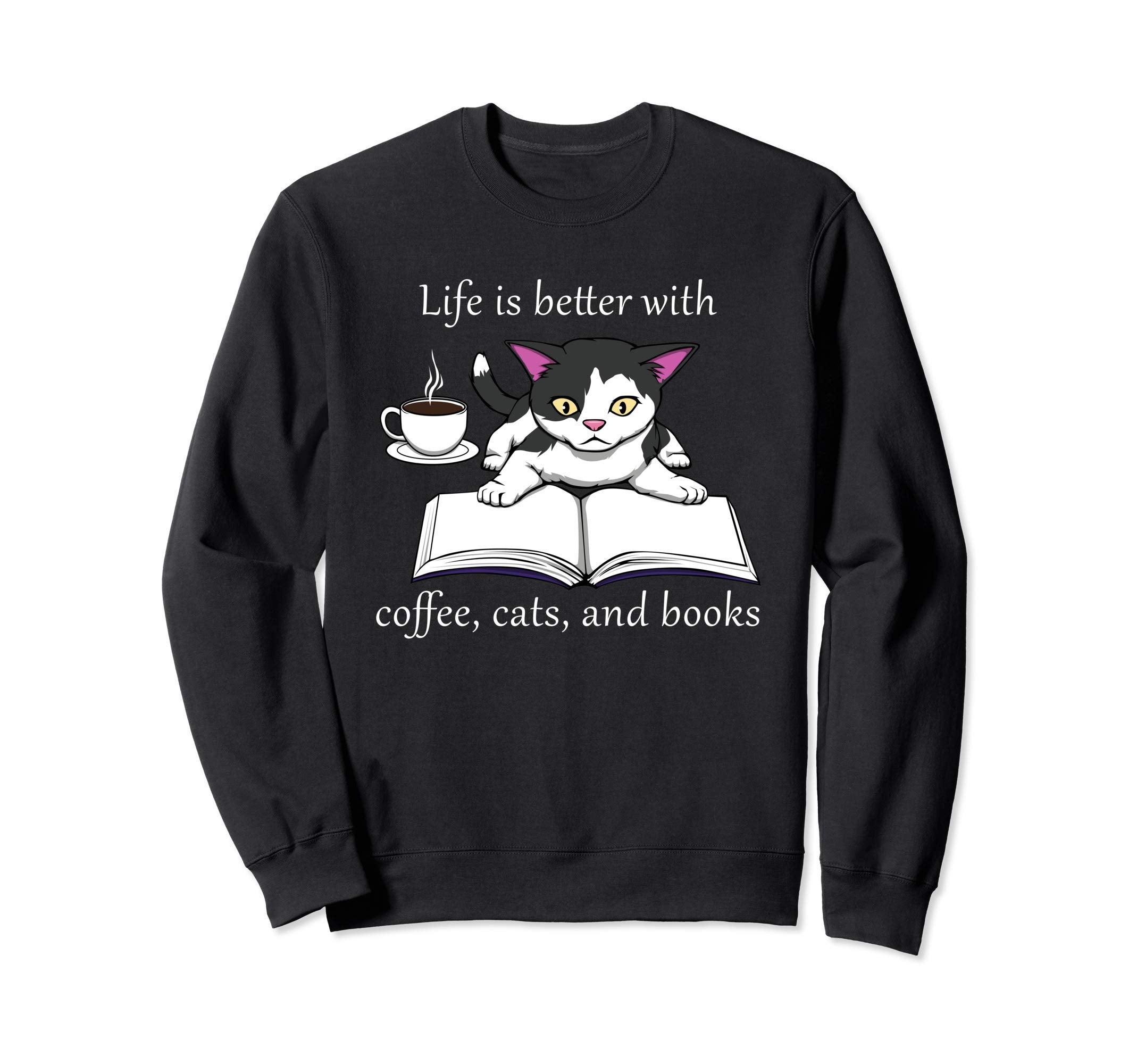 Cat Reading Book Cozy Coffee Sweatshirt - Streetwear Style Unisex - T-Shirt, Sweatshirt, Hoodie
