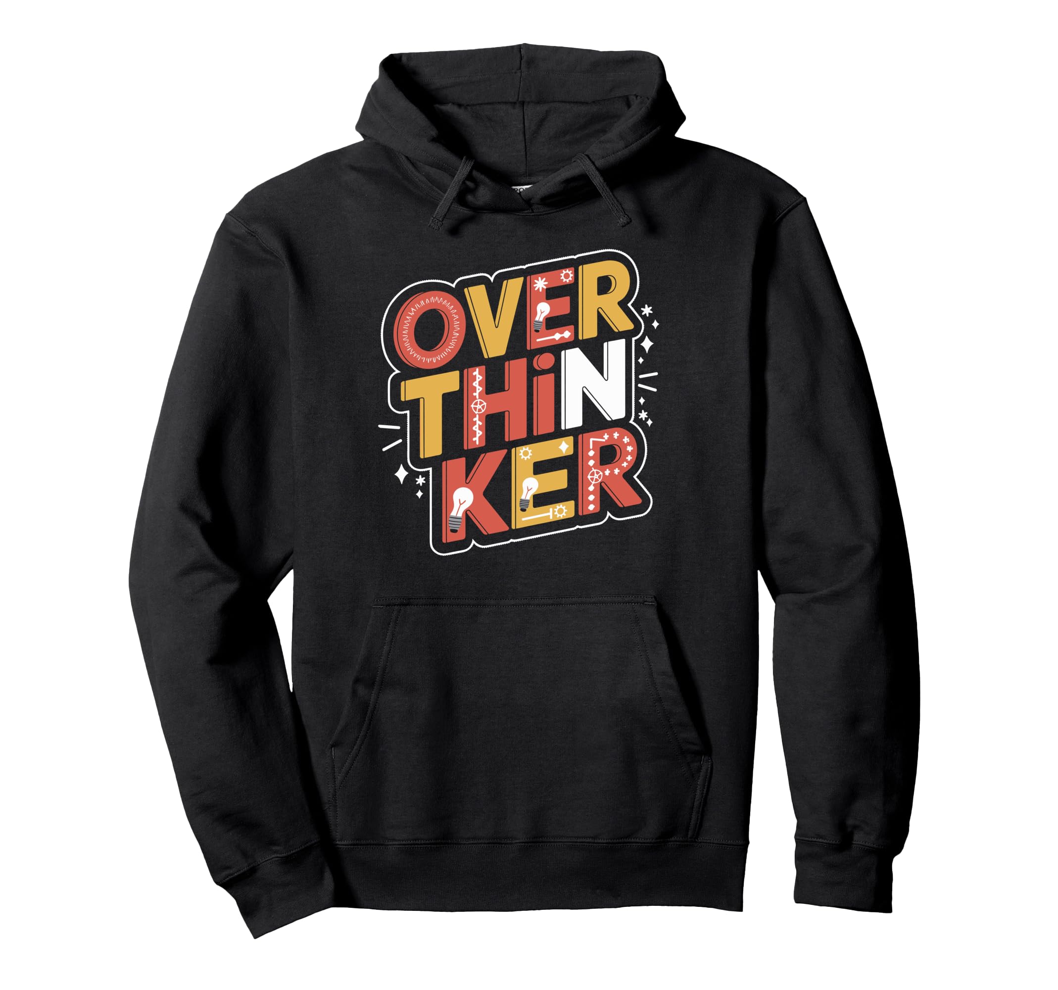 Overthinker Bold Lettering Light Bulb Hoodie - Graphic Print for Adults - T-Shirt, Sweatshirt, Hoodie
