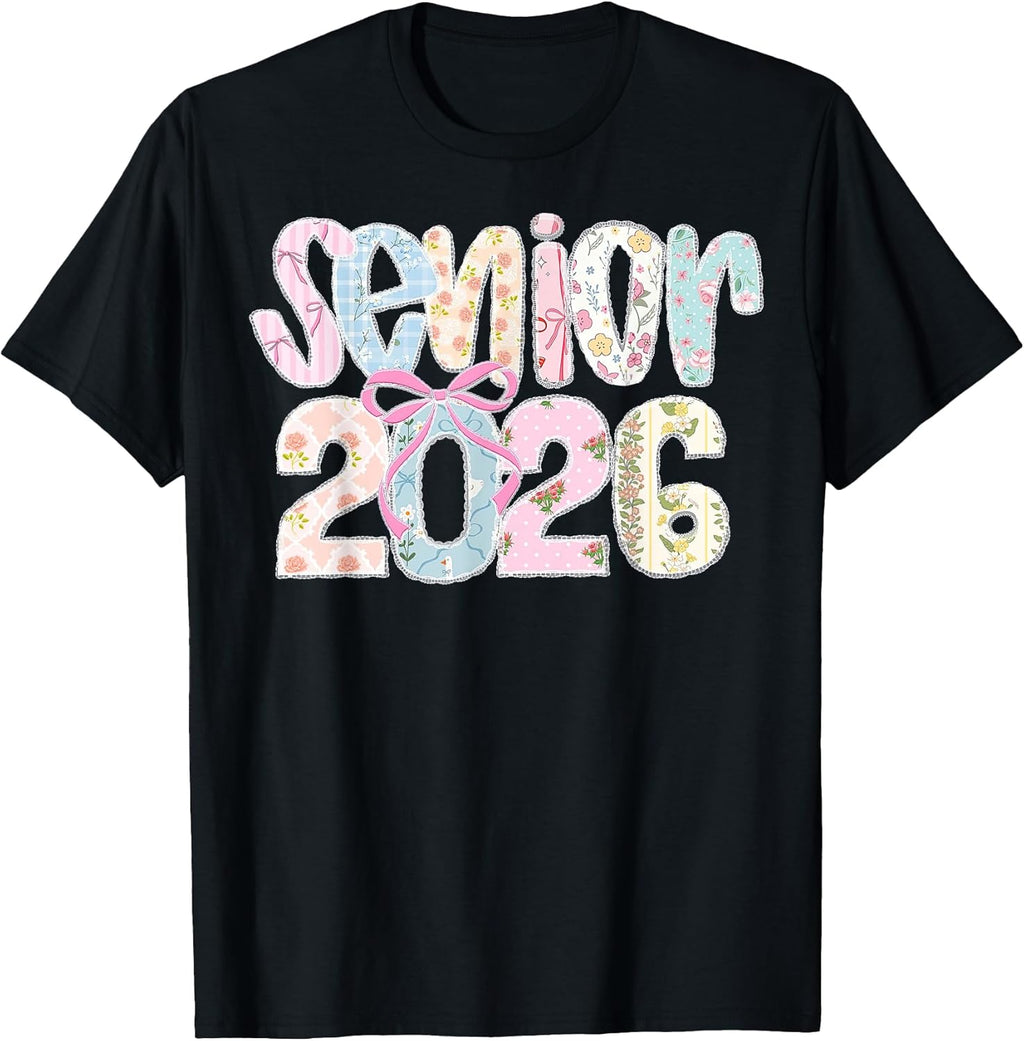 Senior 2026 Pastel Floral Patchwork Letters with lace Bow T-Shirt Unisex T-shirt, Sweatshirt, Hoodie, Long Sleeve Tee - T-Shirt, Sweatshirt, Hoodie