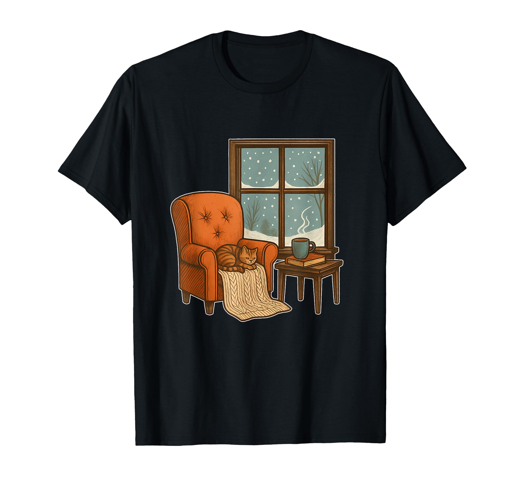 Cozy Chair Cat Window Snow Holiday Sweatshirt - Unique Graphic Men Women - T-Shirt, Sweatshirt, Hoodie
