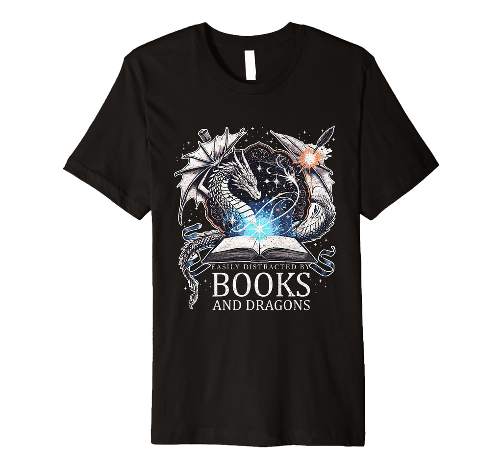 Easily Distracted Dragons And Books T-Shirt - Custom Art Print Unisex - T-Shirt, Sweatshirt, Hoodie