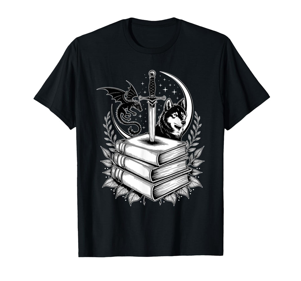 Stack Books Dragon And Wolf Bookworm T-Shirt - Novelty Apparel for Adults - T-Shirt, Sweatshirt, Hoodie