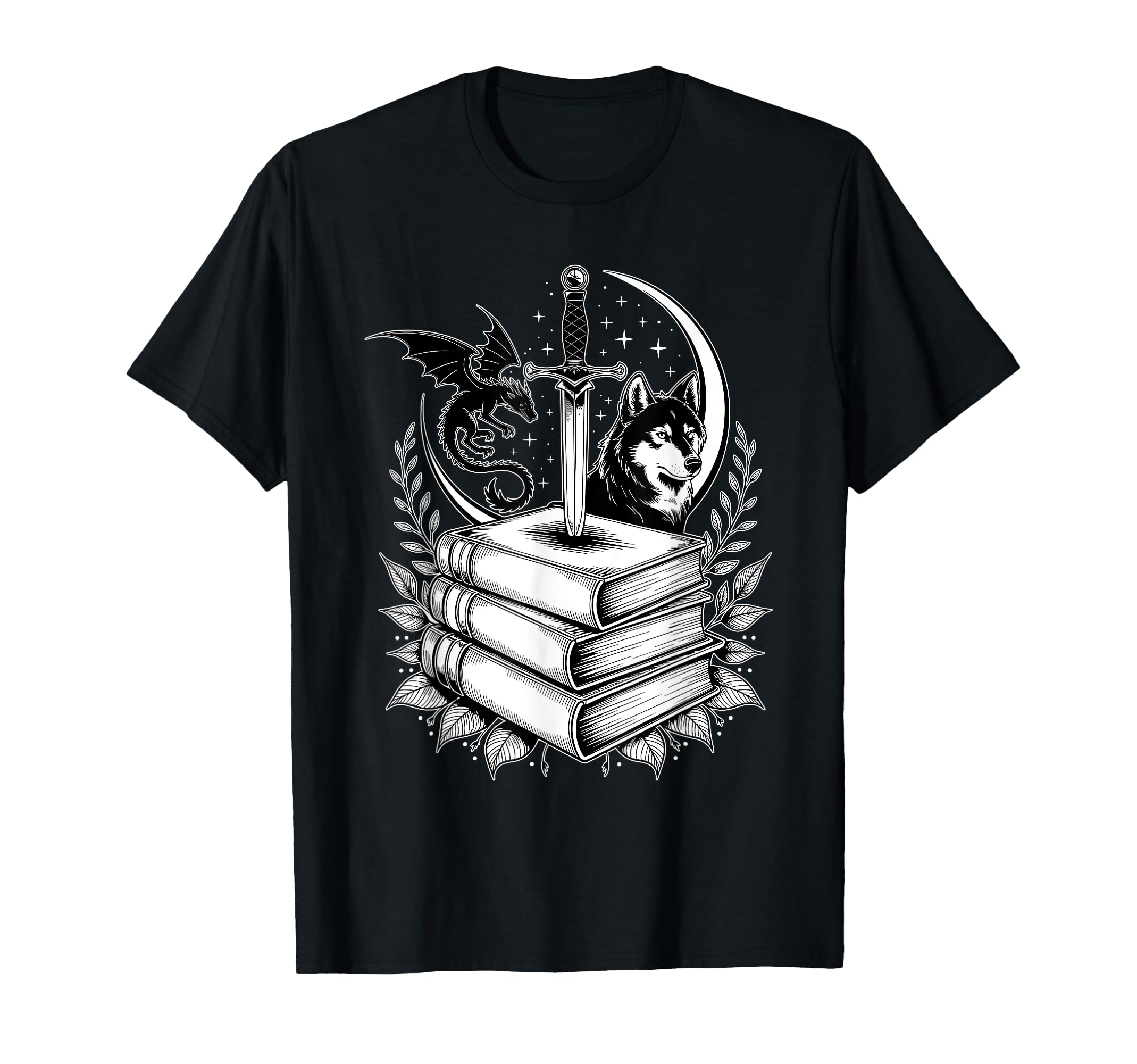 Stack Books Dragon And Wolf Bookworm T-Shirt - Novelty Apparel for Adults - T-Shirt, Sweatshirt, Hoodie