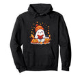 Ghost Reading Book Fall Leaves Halloween Hoodie - Graphic Print for Adults - T-Shirt, Sweatshirt, Hoodie