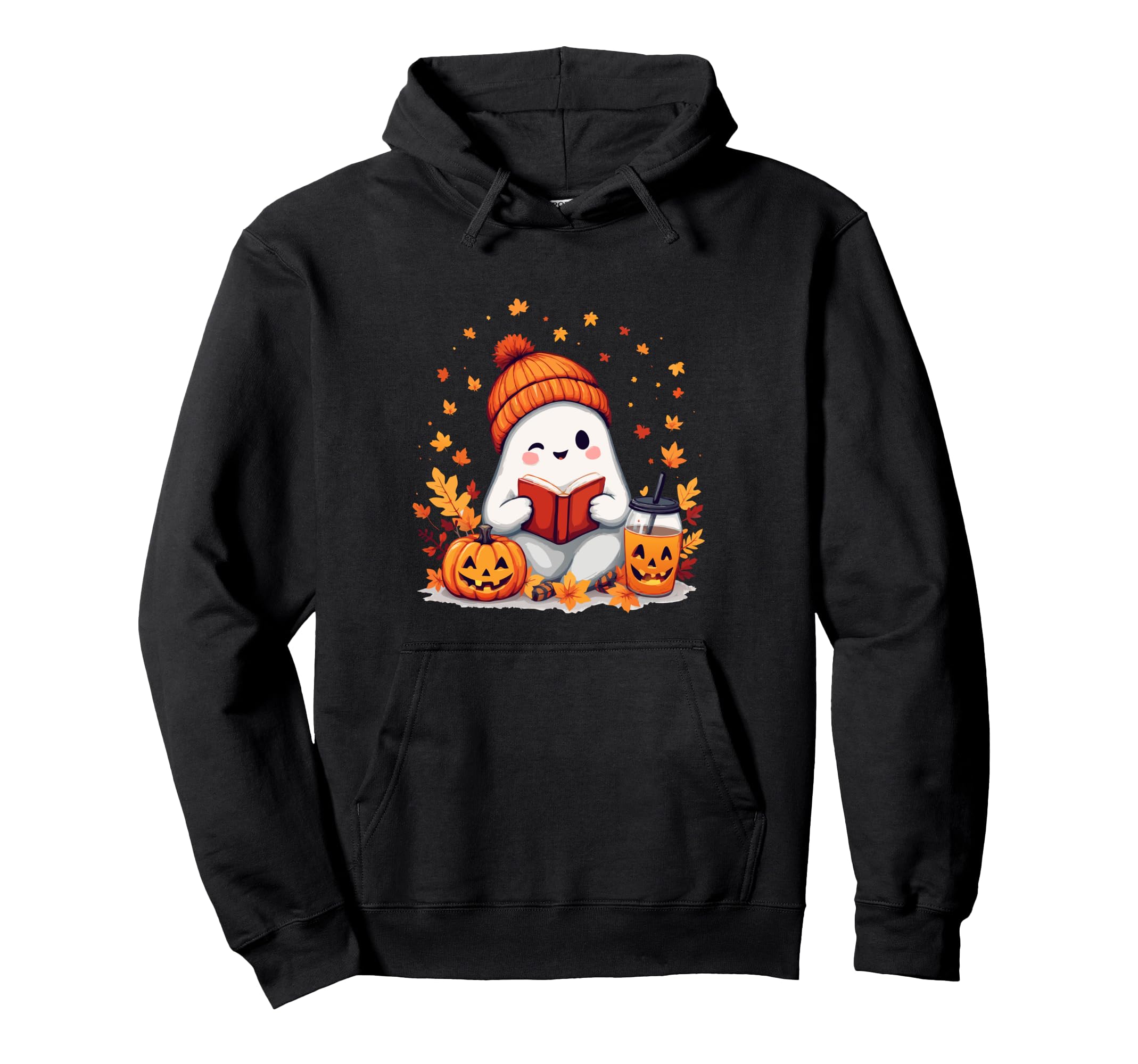 Ghost Reading Book Fall Leaves Halloween Hoodie - Graphic Print for Adults - T-Shirt, Sweatshirt, Hoodie