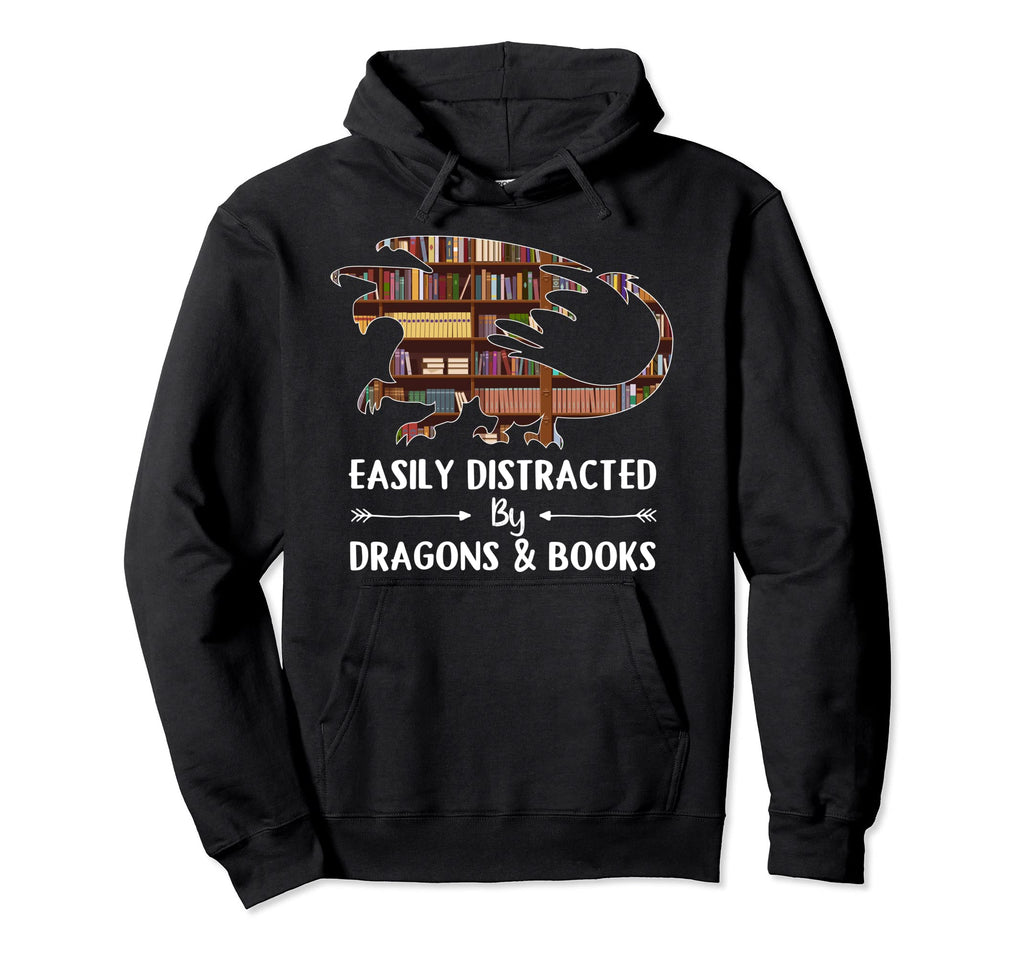 Easily Distracted Dragon And Books Funny Hoodie - Minimalist Print Unisex - T-Shirt, Sweatshirt, Hoodie