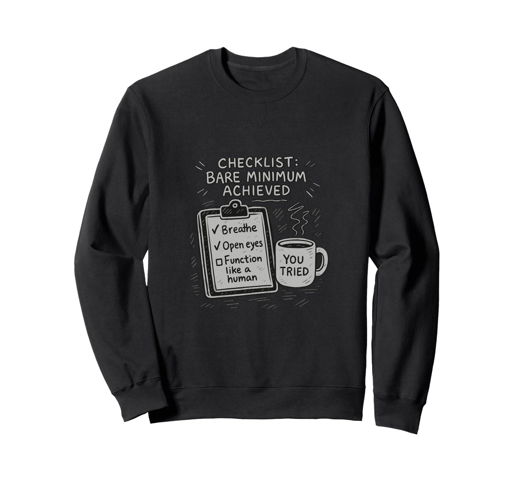 Funny Checklist Bare Minimum Sweatshirt - Novelty Apparel for Adults - T-Shirt, Sweatshirt, Hoodie