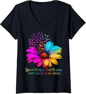 Women's Fight Cancer in All and Every Color Ribbons Flower V-Neck T-Shirt Unisex T-shirt, Sweatshirt, Hoodie, Long Sleeve Tee - T-Shirt, Sweatshirt, Hoodie