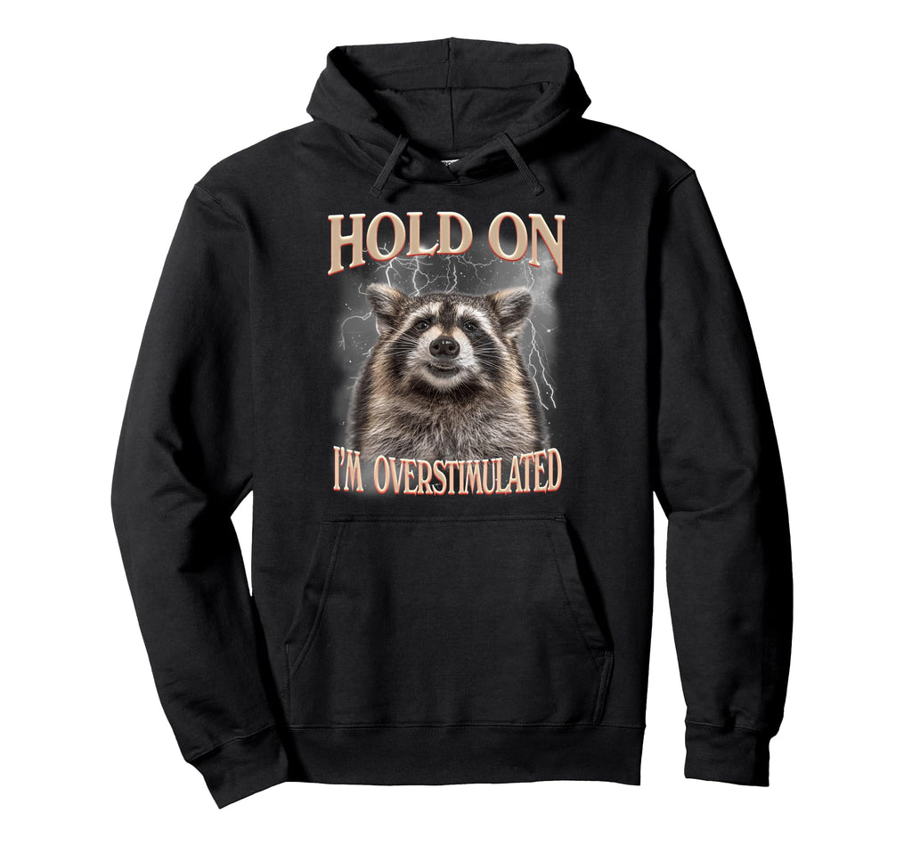 Hold Im Overstimulated Raccoon Funny Hoodie - Novelty Apparel for Adults - T-Shirt, Sweatshirt, Hoodie