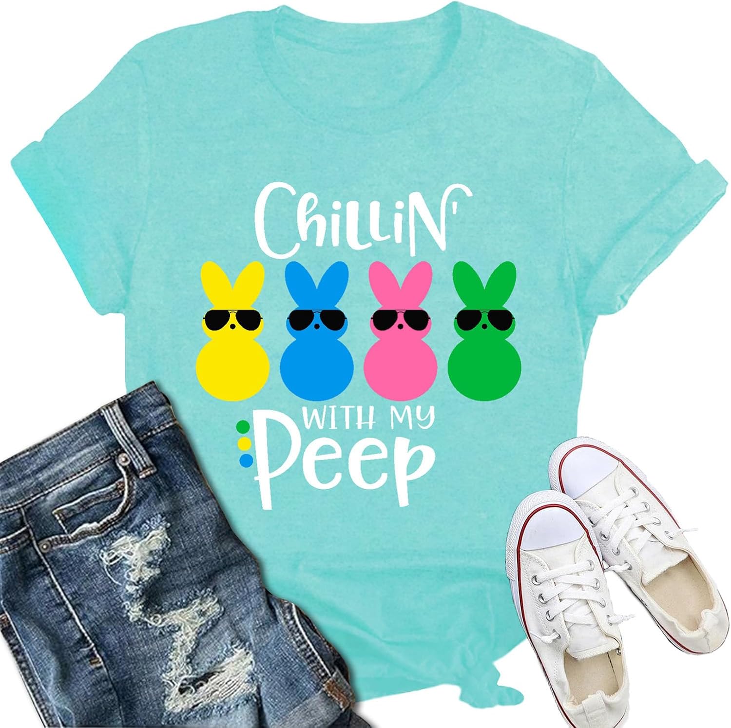 Easter Shirts for Women Chilling with My Peeps Print T-Shirt Funny Bunny Rabbit Happy Easter Tee Tops - T-Shirt, Sweatshirt, Hoodie
