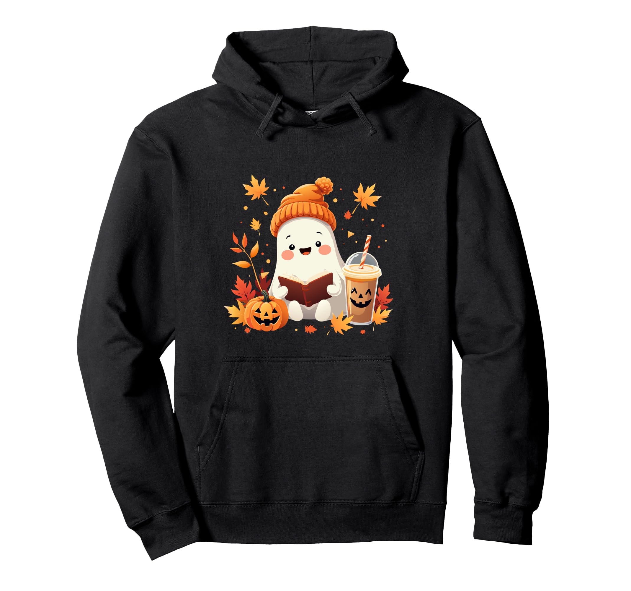 Ghost Reading Book Fall Leaves Halloween Hoodie - Graphic Print Unisex - T-Shirt, Sweatshirt, Hoodie