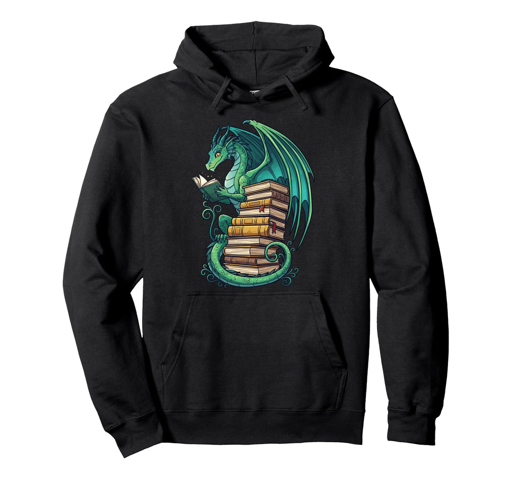 Reading Dragon Stack Books Booklover Hoodie - Custom Art Print for Adults - T-Shirt, Sweatshirt, Hoodie