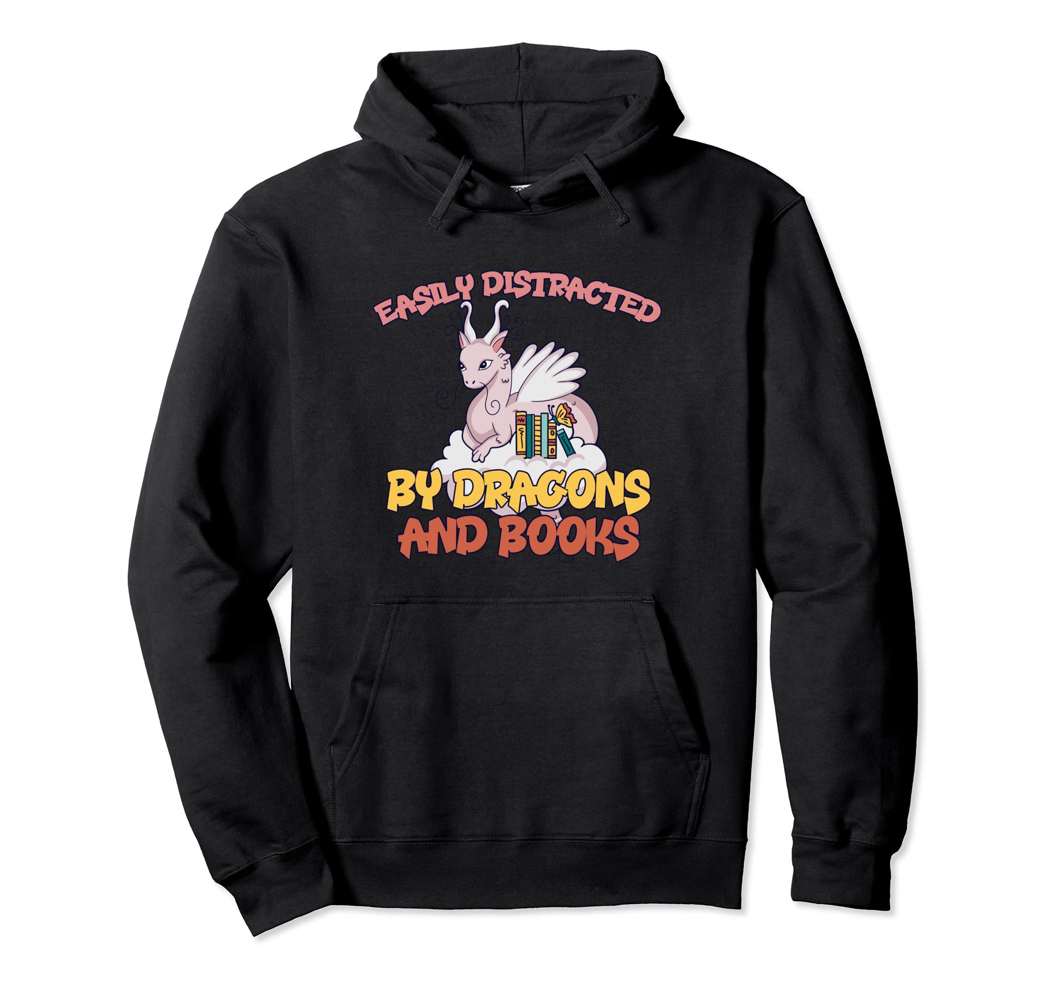 Easily Distracted Dragon And Books Funny Hoodie - Graphic Print Unisex - T-Shirt, Sweatshirt, Hoodie