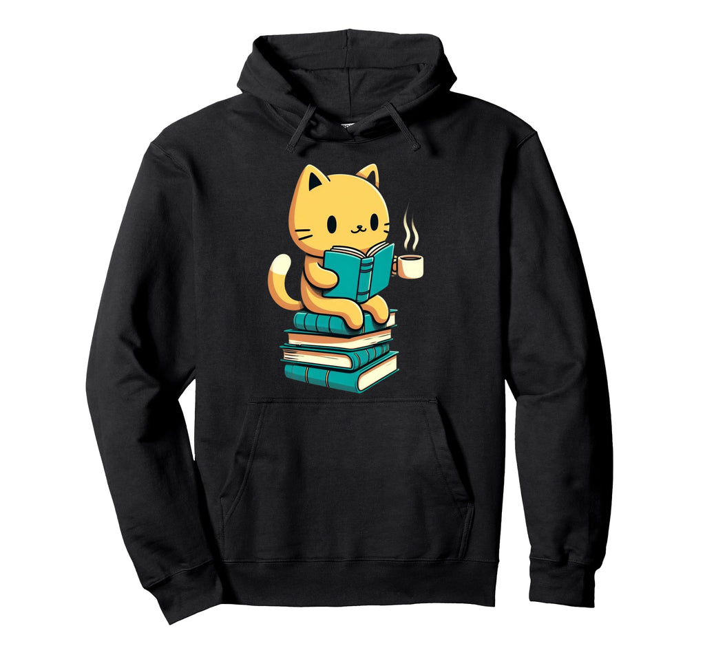 Cat Reading Book And Drink Coffee Hoodie - Fun Novelty Design Men Women - T-Shirt, Sweatshirt, Hoodie