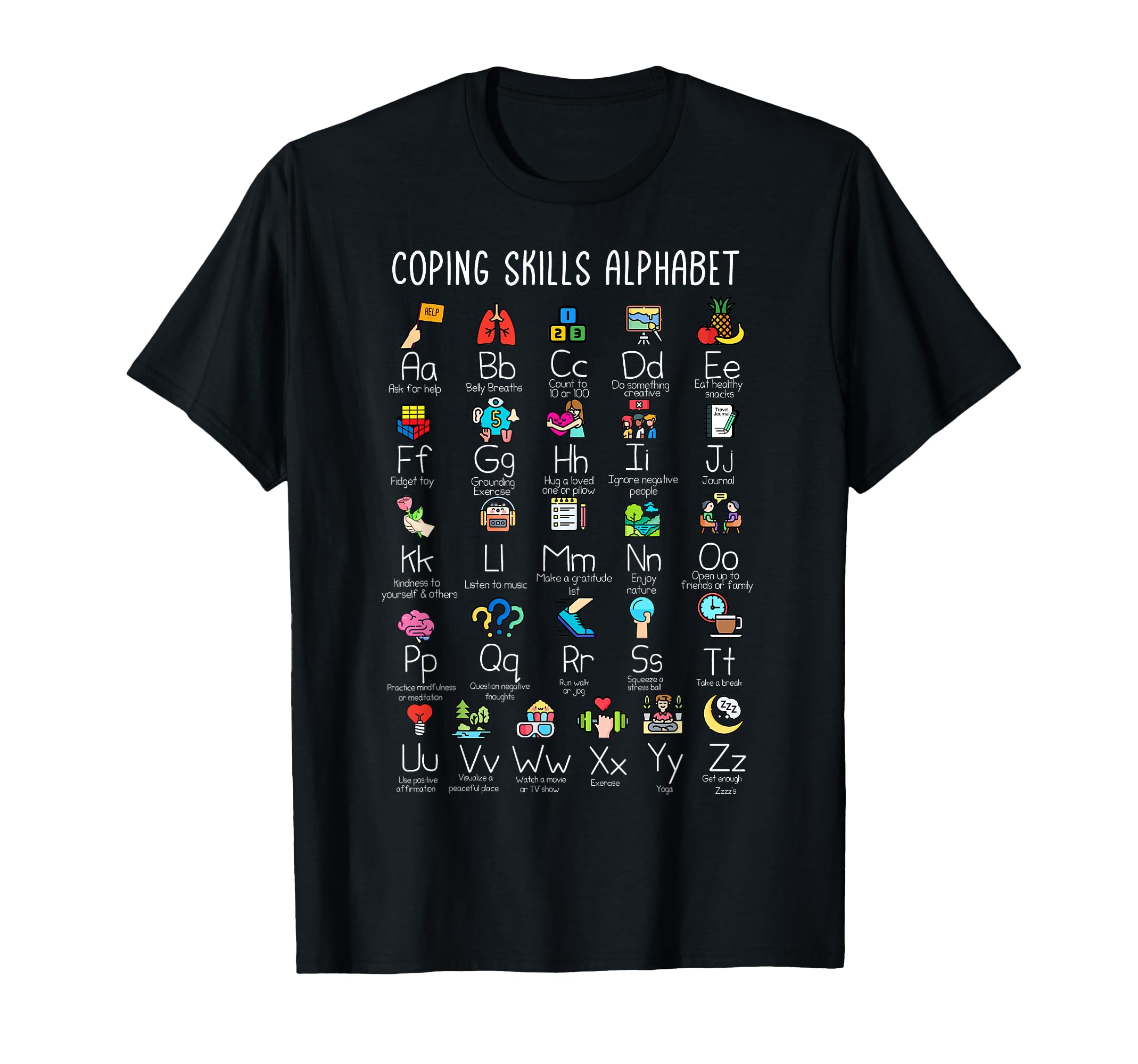 Counselor Coping Skills Alphabet T-Shirt - Trendy Graphic for Adults - T-Shirt, Sweatshirt, Hoodie