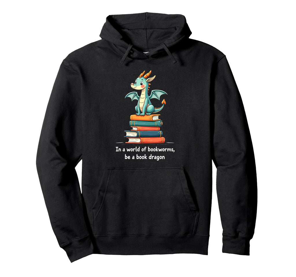 Dragon Atop Books Playful Reading Hoodie - Fun Novelty Design Men Women - T-Shirt, Sweatshirt, Hoodie