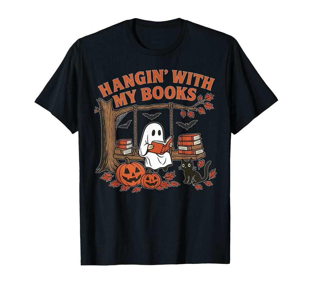 Halloween Ghost Hanging My Books Book T-Shirt - Novelty Apparel for Adults - T-Shirt, Sweatshirt, Hoodie