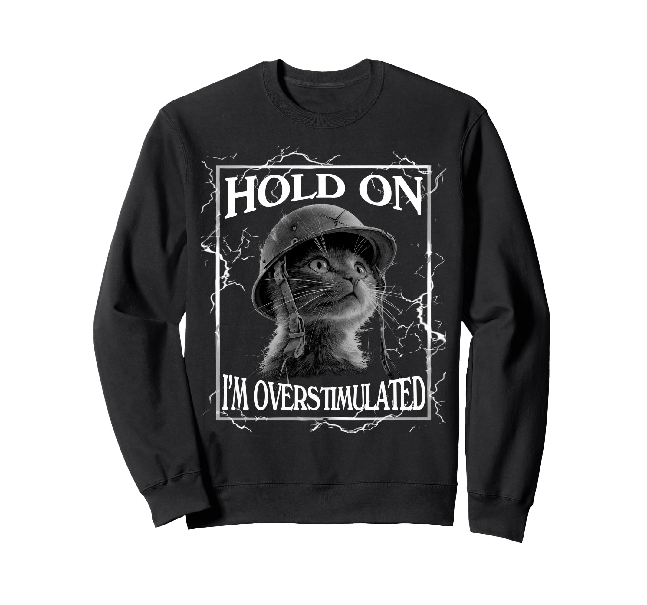 Hold Im Overstimulated Funny Cat Sweatshirt - Unique Graphic for Adults - T-Shirt, Sweatshirt, Hoodie