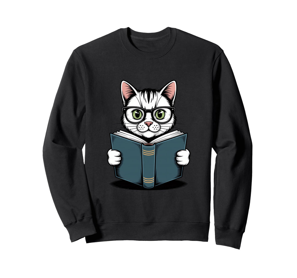 Cat Reading Book Nerd Kitty Bookworm Sweatshirt - Unique Graphic Unisex - T-Shirt, Sweatshirt, Hoodie