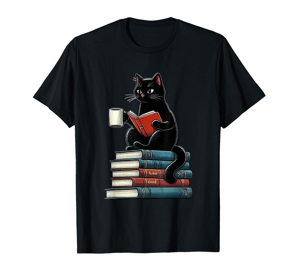 Black Cat Reading Books Coffee Lover T-Shirt - Streetwear Style Men Women - T-Shirt, Sweatshirt, Hoodie