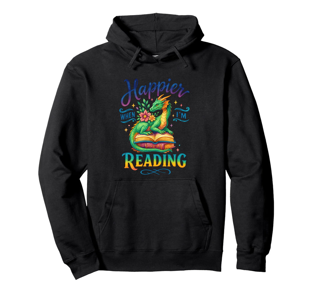 Happier When Im Reading Book Dragon Hoodie - Minimalist Print Men Women - T-Shirt, Sweatshirt, Hoodie