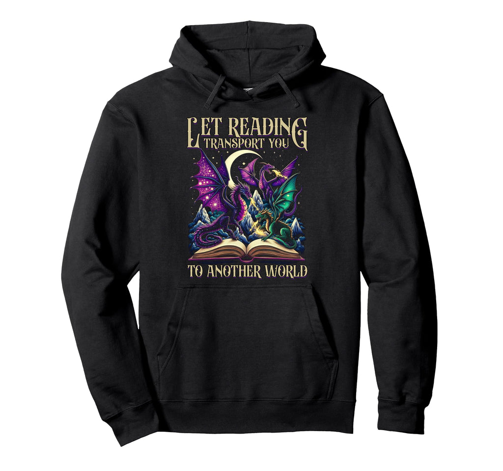 Book Lover Dragon Reading Transport Hoodie - Novelty Apparel for Adults - T-Shirt, Sweatshirt, Hoodie