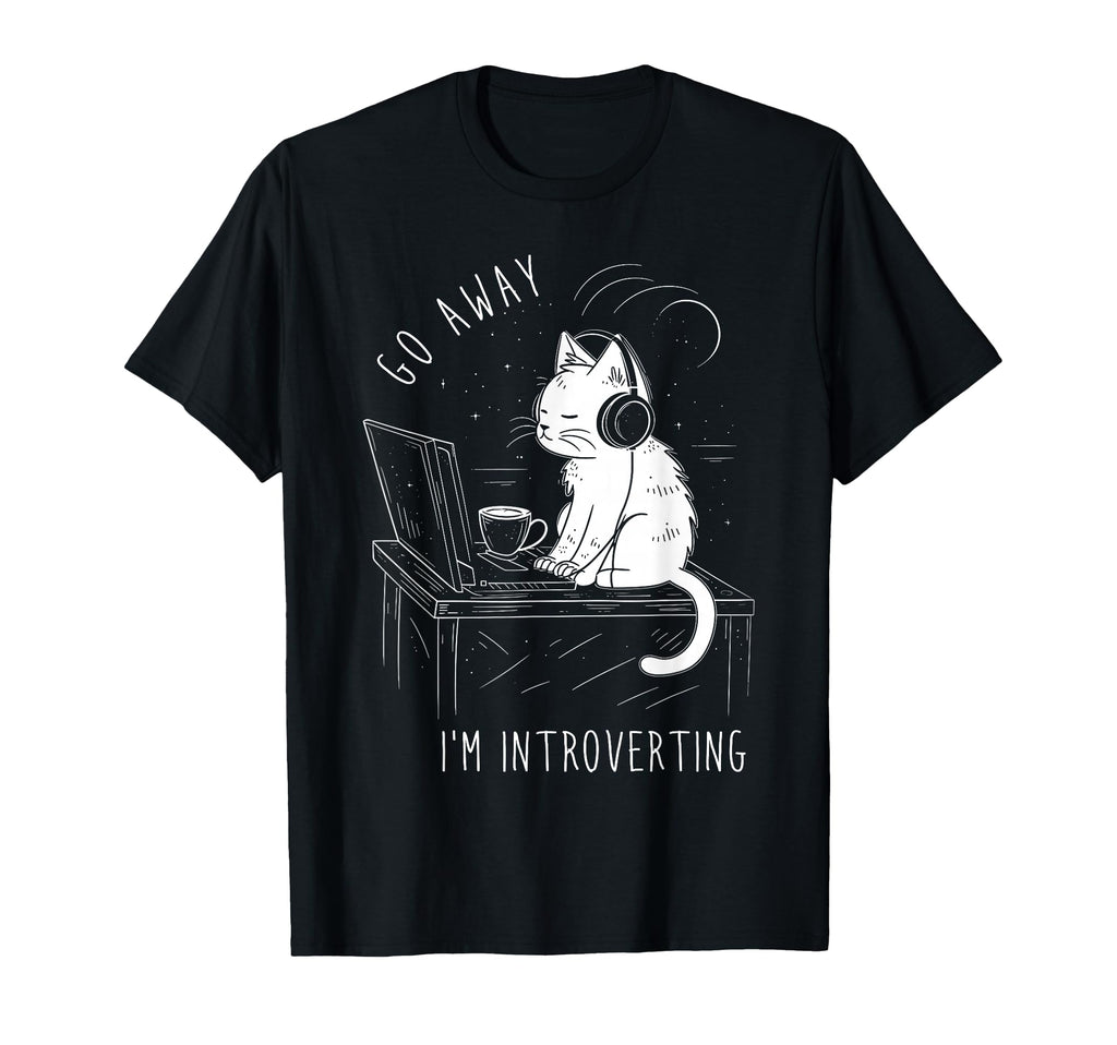 Introvert Cat Coffee Computer T-Shirt - Casual Everyday Wear Men Women - T-Shirt, Sweatshirt, Hoodie