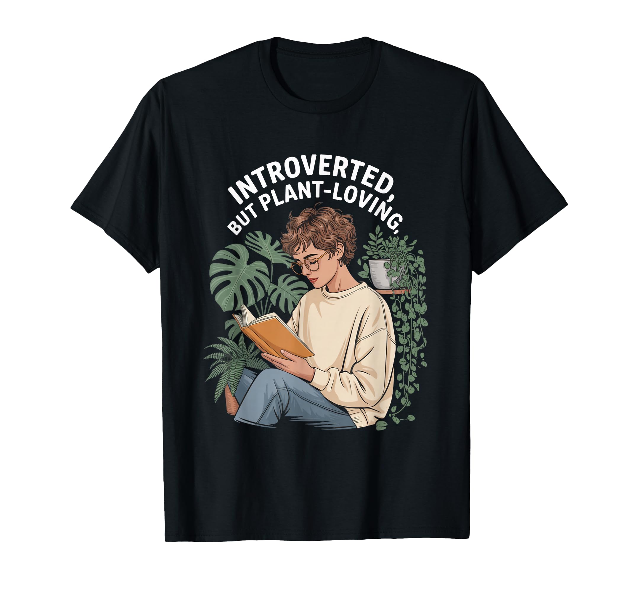 Introverted But Plant Loving Cozy Book T-Shirt - Minimalist Print Unisex - T-Shirt, Sweatshirt, Hoodie