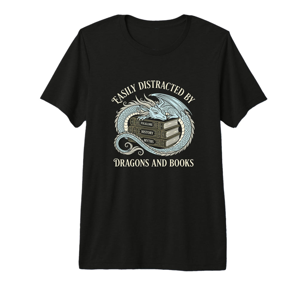 Easily Distracted Dragons And Books T-Shirt - Minimalist Print for Adults - T-Shirt, Sweatshirt, Hoodie