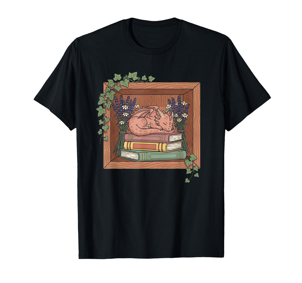 Sleeping Dragon Stacked Books Lavender T-Shirt - Novelty Apparel for Adults - T-Shirt, Sweatshirt, Hoodie
