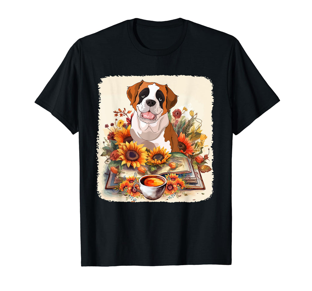 St Bernard Reading Books Sunflowers T-Shirt - Unique Graphic for Adults - T-Shirt, Sweatshirt, Hoodie