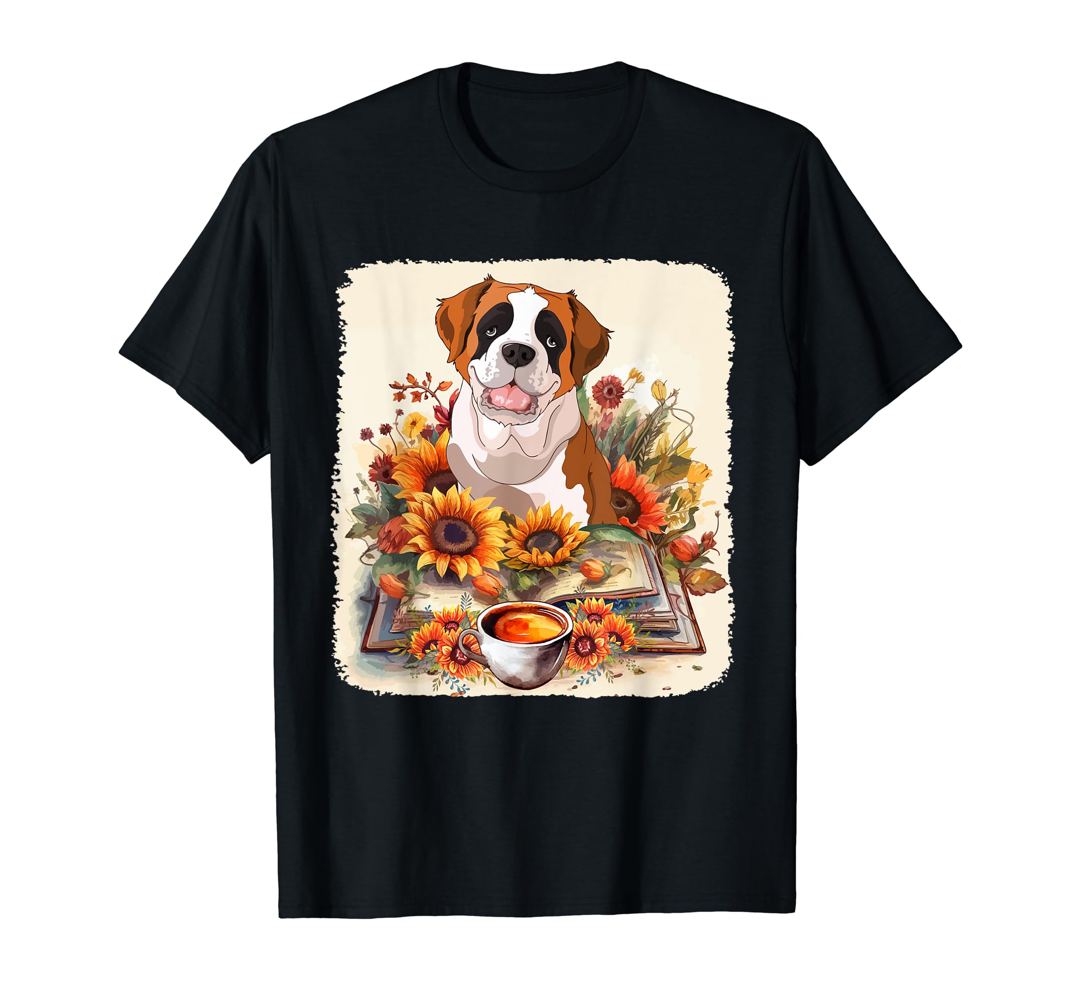 St Bernard Reading Books Sunflowers T-Shirt - Unique Graphic for Adults - T-Shirt, Sweatshirt, Hoodie