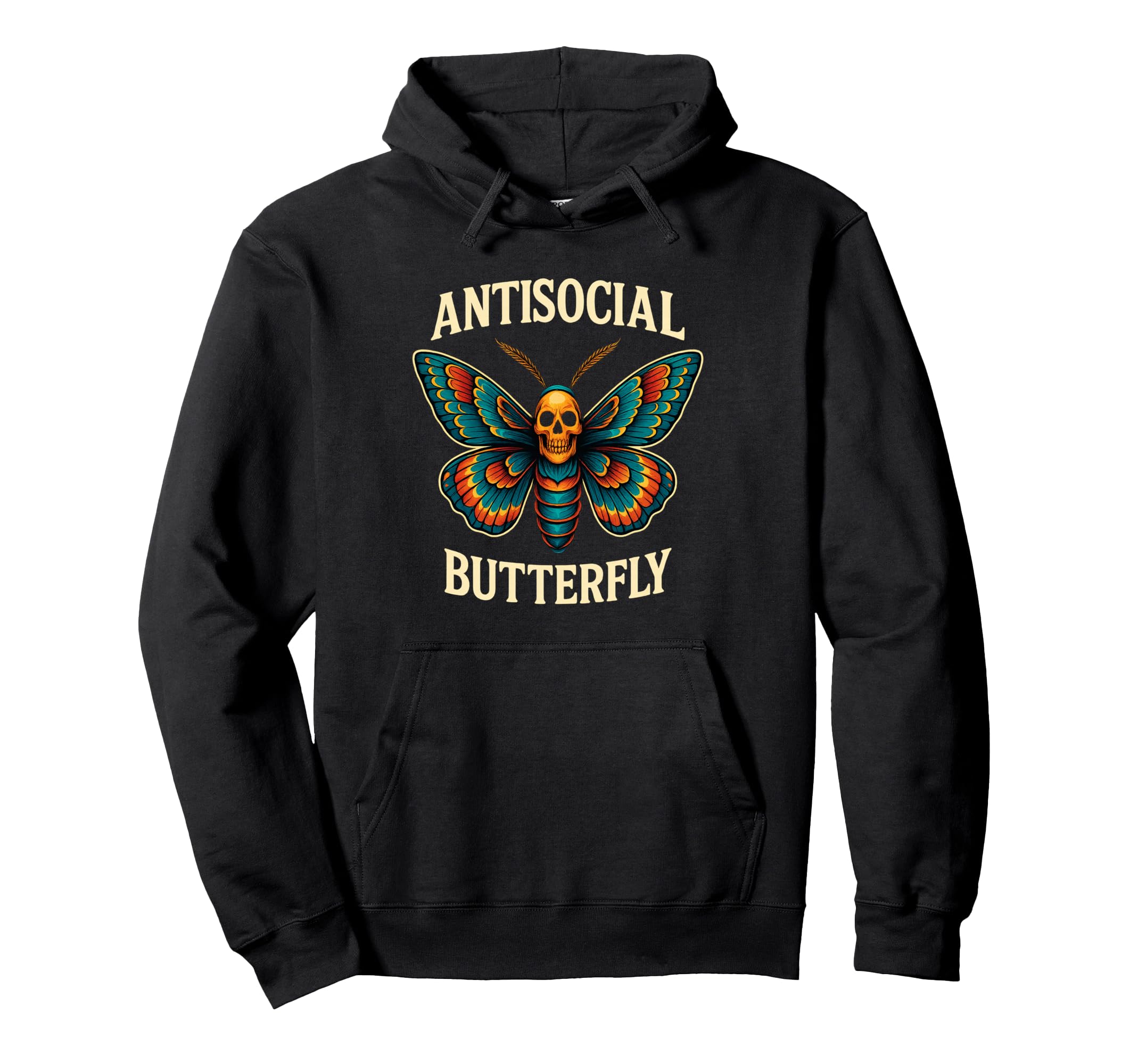 Antisocial Butterfly Skull Goth Moth Hoodie - Minimalist Print for Adults - T-Shirt, Sweatshirt, Hoodie