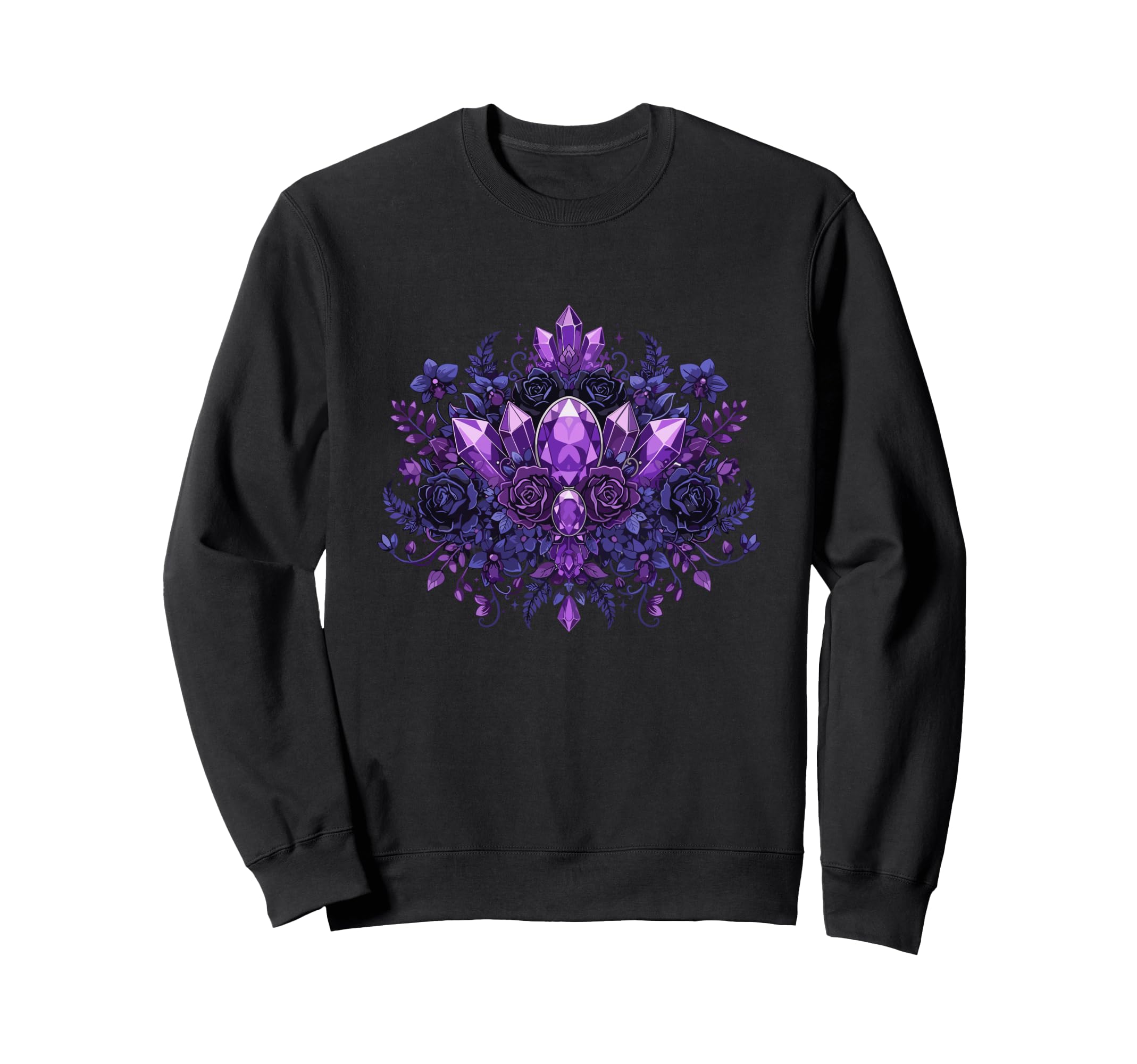 Mystic Amethyst Crystals Dark Roses Sweatshirt - Trendy Graphic Unisex - T-Shirt, Sweatshirt, Hoodie