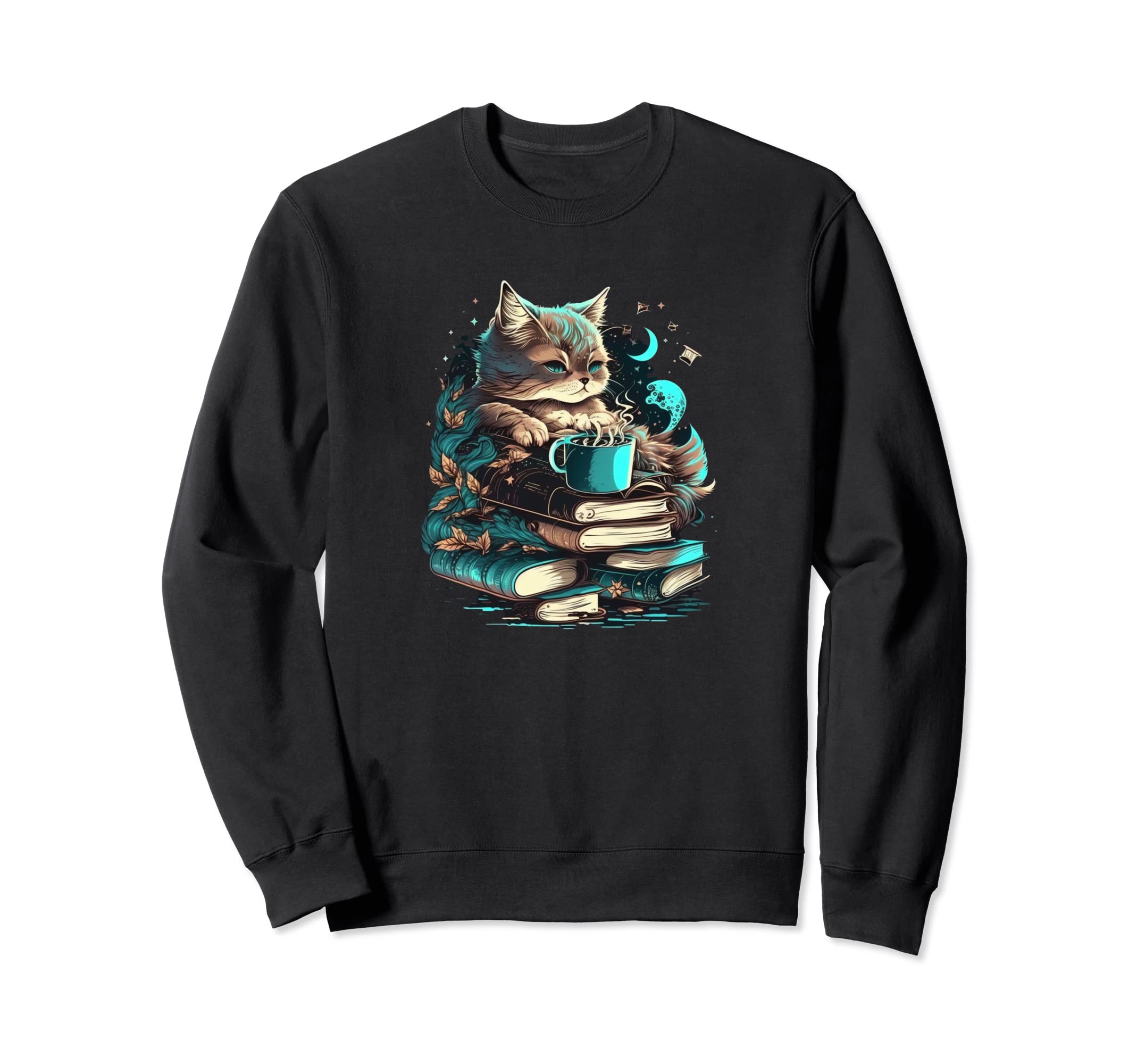 Cat Reading Book And Coffee Sweatshirt - Minimalist Print for Adults - T-Shirt, Sweatshirt, Hoodie