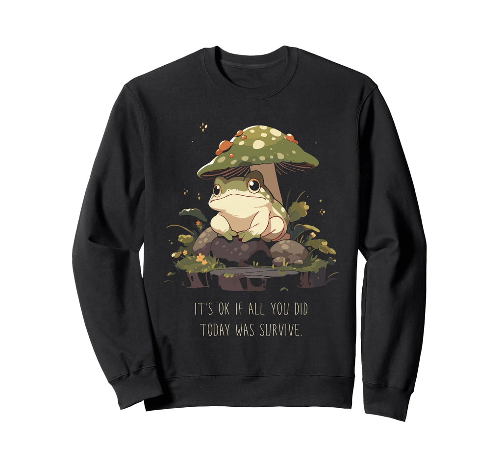 Whimsical Frog Sitting Mushroom Sweatshirt - Minimalist Print Unisex - T-Shirt, Sweatshirt, Hoodie
