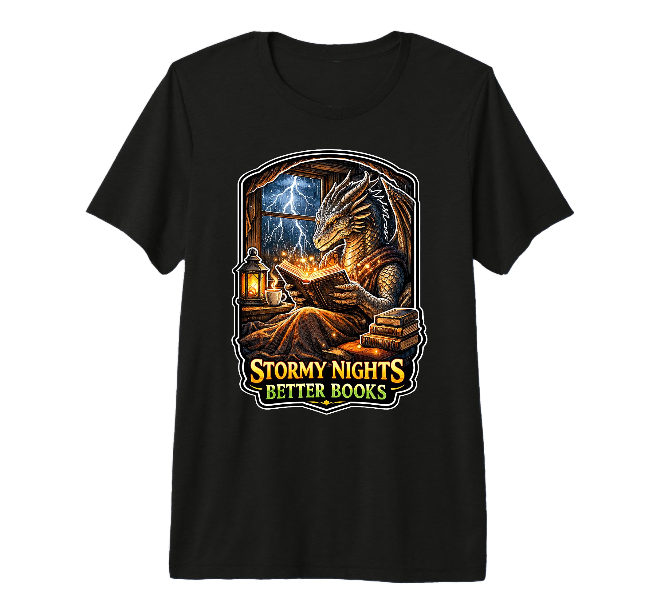 Stormy Night Cozy Dragon Reading T-Shirt - Custom Art Print Men Women - T-Shirt, Sweatshirt, Hoodie