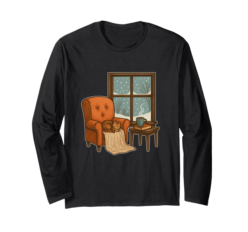 Cozy Chair Cat Window Snow Holiday Sweatshirt - Graphic Print Men Women - T-Shirt, Sweatshirt, Hoodie
