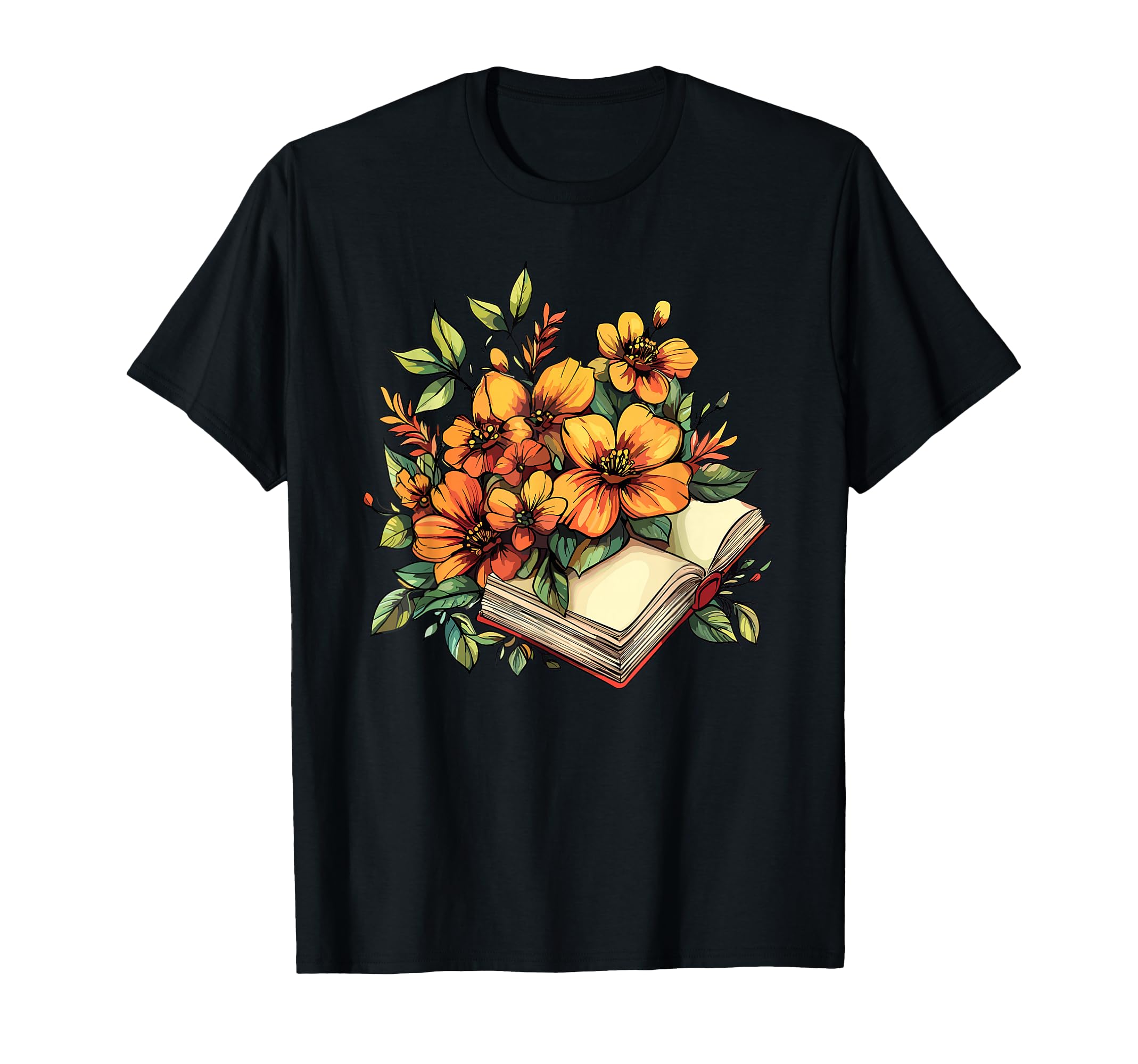 Literary Garden Open Book Orange Flowers T-Shirt - Graphic Print Unisex - T-Shirt, Sweatshirt, Hoodie