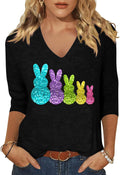 Women Spring Easter Funny Bunny Graphic 3/4 V Neck Shirt Happy Easter Egg Tops Rabbit Family Holiday Tee - T-Shirt, Sweatshirt, Hoodie