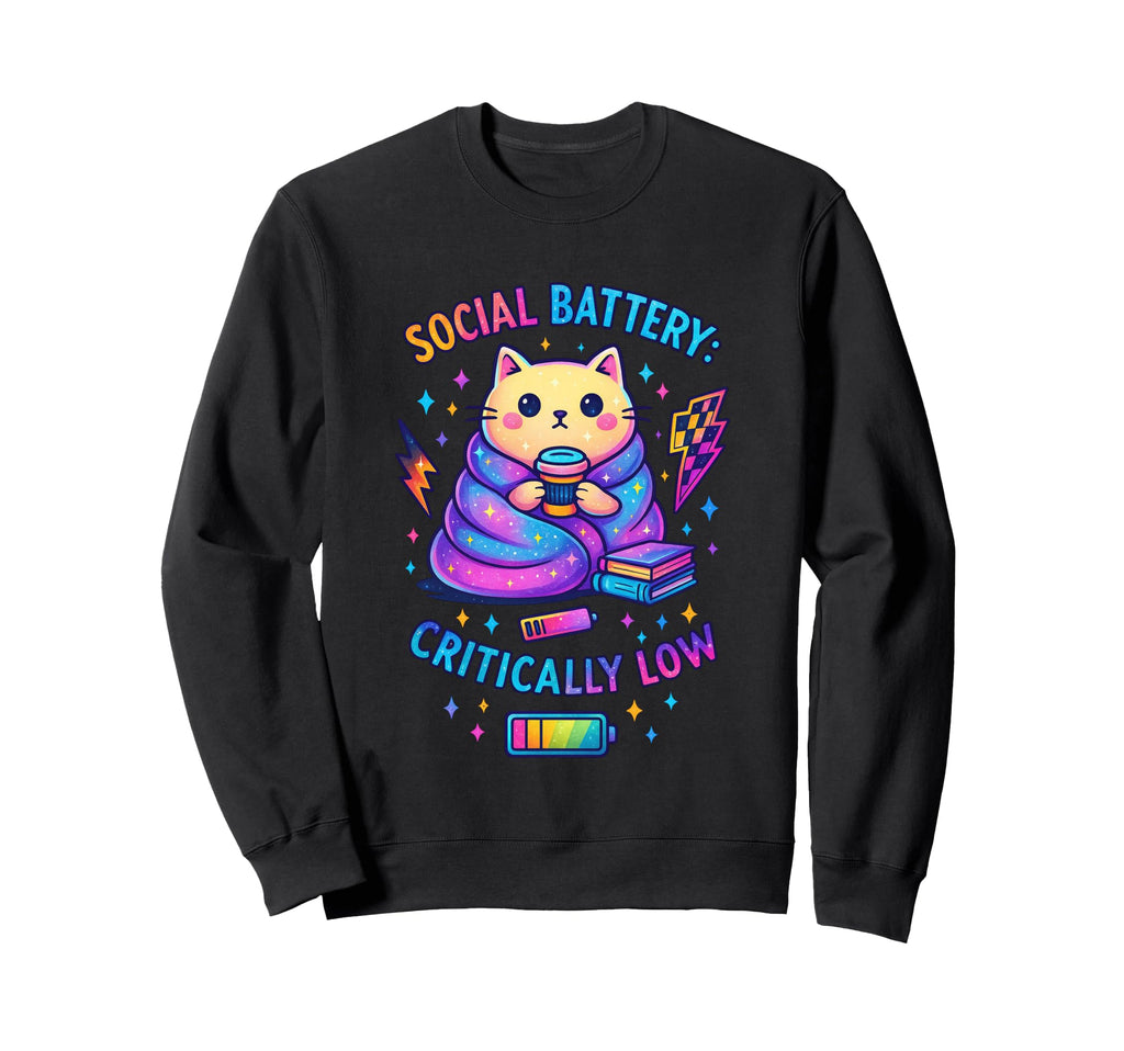 Social Battery Critically Low Cat Sweatshirt - Novelty Apparel Men Women - T-Shirt, Sweatshirt, Hoodie