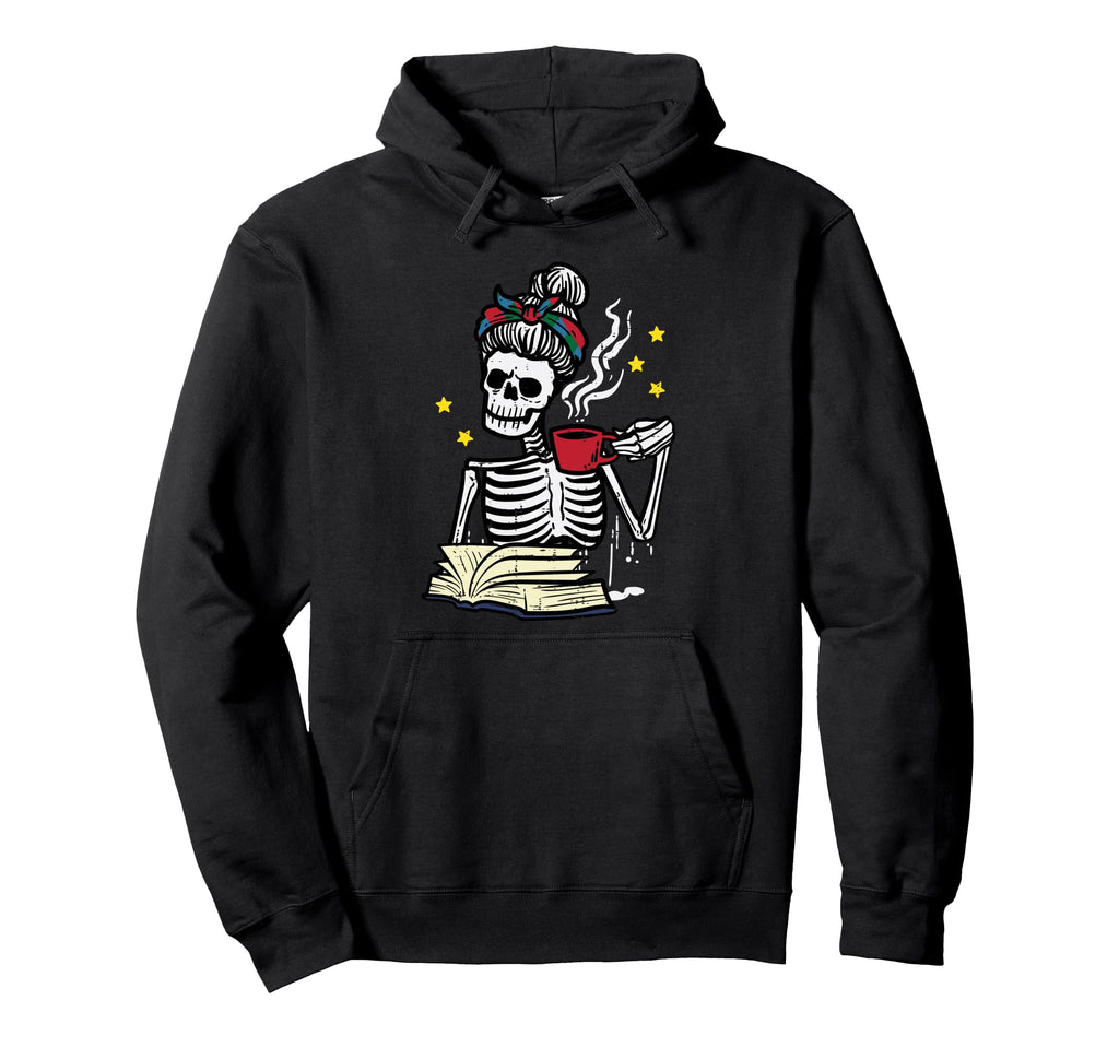Skeleton Book Coffee Read Reading Hoodie - Casual Everyday Wear Men Women - T-Shirt, Sweatshirt, Hoodie