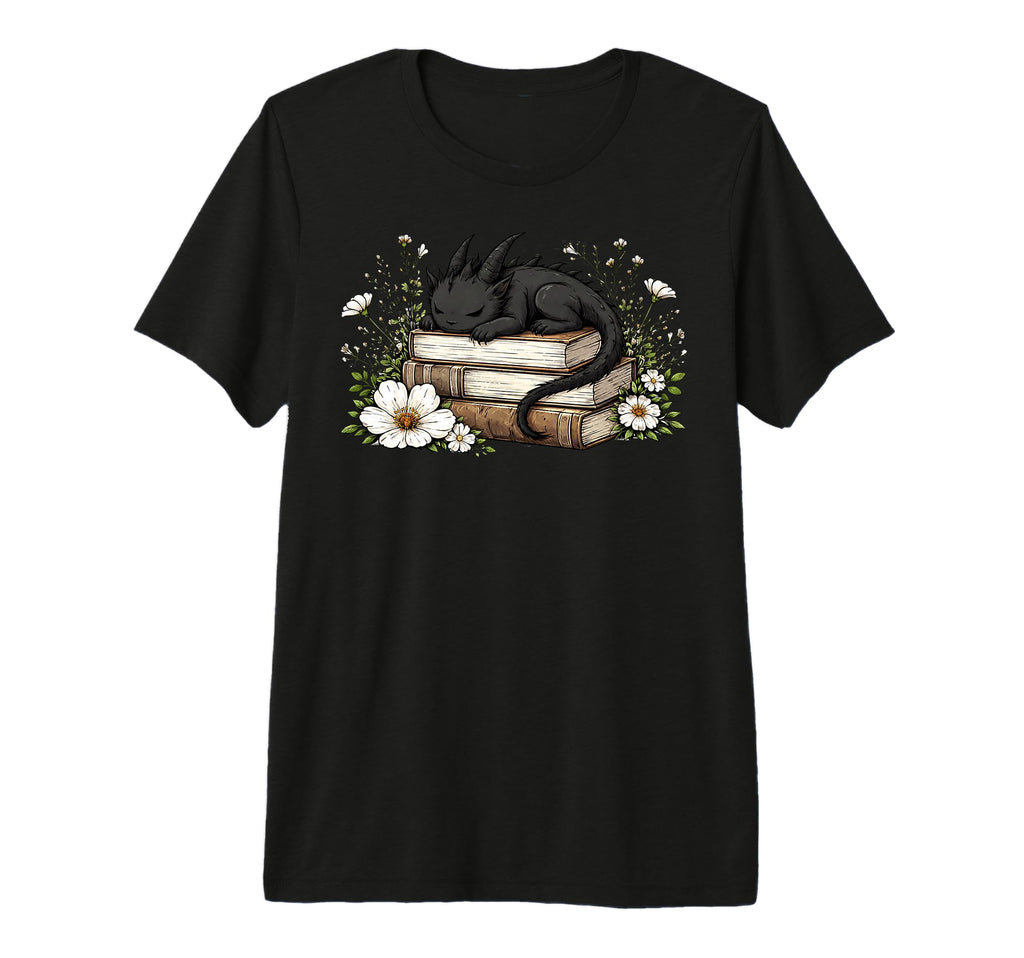Dragon Reading Flowers Fantasy Book T-Shirt - Custom Art Print Unisex - T-Shirt, Sweatshirt, Hoodie