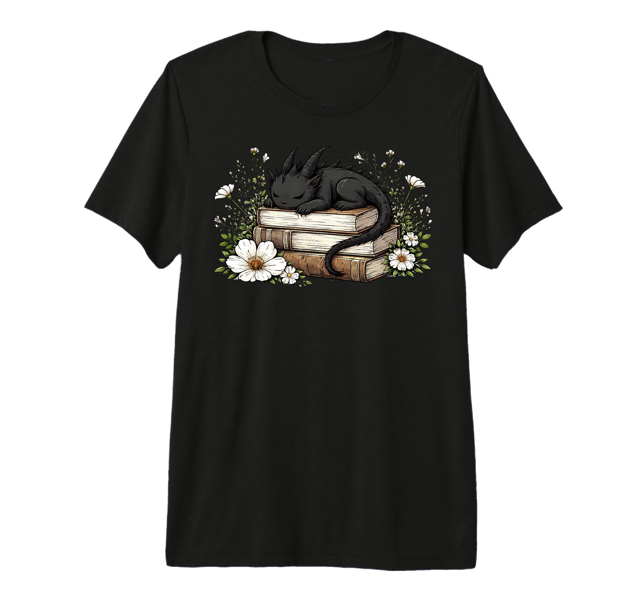 Dragon Reading Flowers Fantasy Book T-Shirt - Custom Art Print Unisex - T-Shirt, Sweatshirt, Hoodie