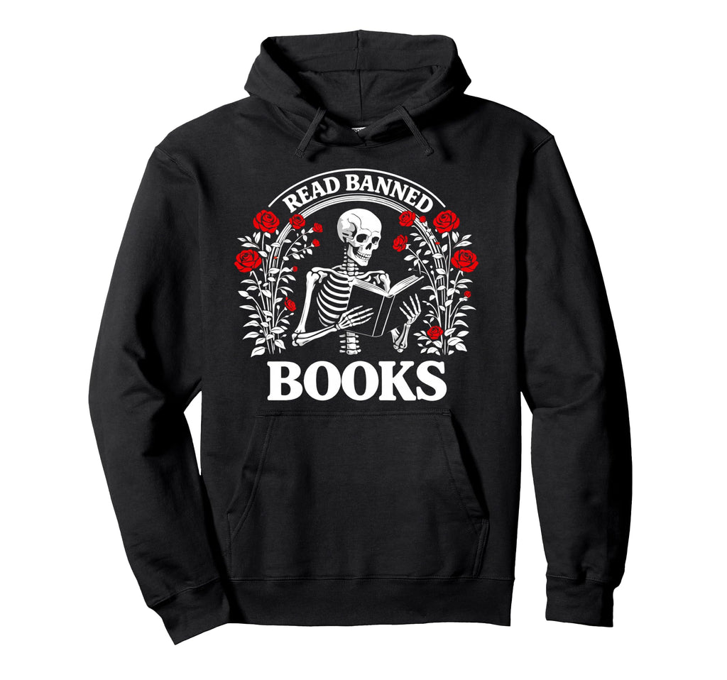 Read Banned Books Skeleton Reading Hoodie - Custom Art Print for Adults - T-Shirt, Sweatshirt, Hoodie