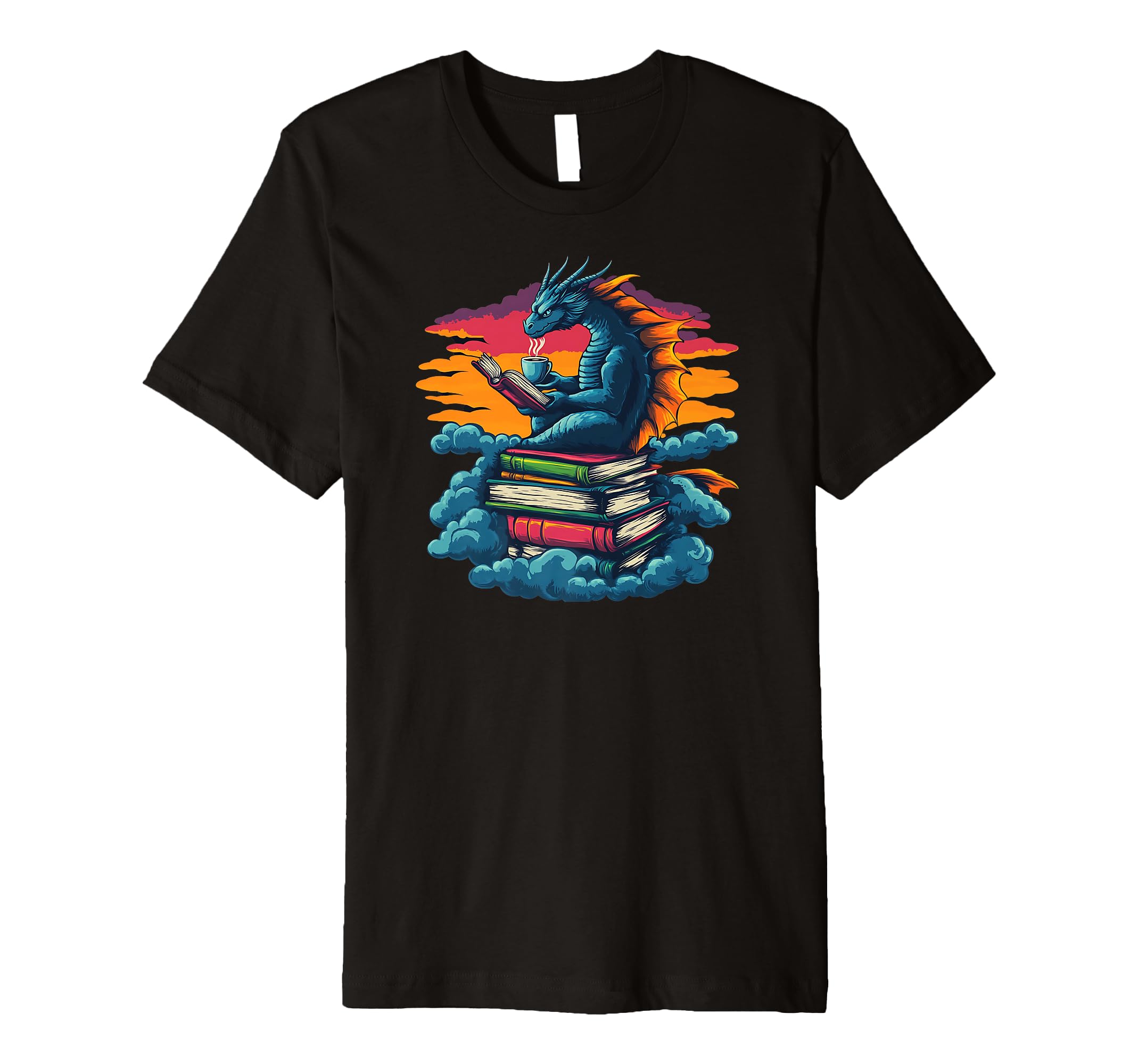 Coffee Drinking Dragon Reading T-Shirt - Casual Everyday Wear Men Women - T-Shirt, Sweatshirt, Hoodie